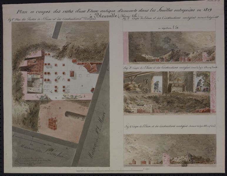Plan et coupes des restes d’une étuve antique découverte dans les fouilles entreprises en 1819 à Bleurville