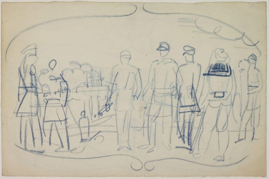 Soldats sur un quai maritime (recto) ; Chevaux, soldats et aéronefs (verso)