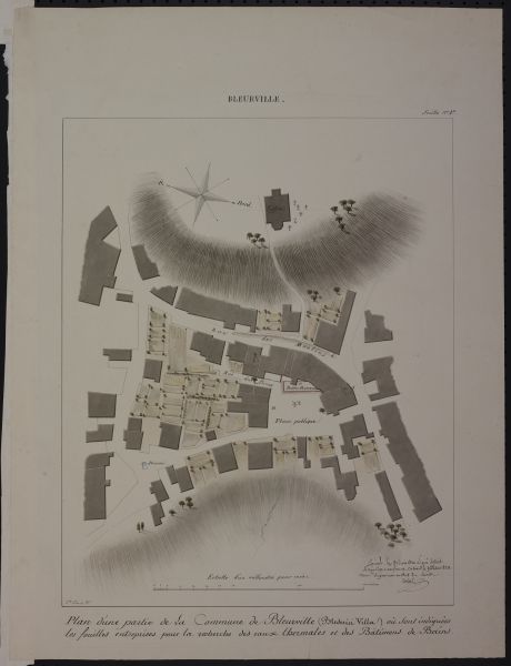 Plan d’une partie de la commune de Bleurville (Blederici villa) où sont indiquées les fouilles entreprises pour la recherche des eaux thermales et des bâtiments de Bains