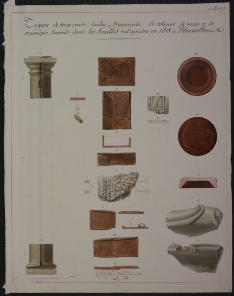 Tuyau de terre cuite, tuiles, fragments, de colonne, de vases et de mosaïque trouvés dans les fouilles entreprises en 1818 à Bleurville