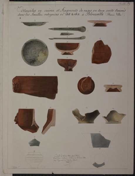 Ustensiles en cuivre et fragments de vases en terre cuite trouvés dans les fouilles entreprises en 1818 et 1819 à Bleurville