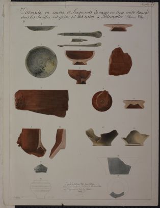 Ustensiles en cuivre et fragments de vases en terre cuite trouvés dans les fouilles entreprises en 1818 et 1819 à Bleurville ; © LAURENCON Joëlle