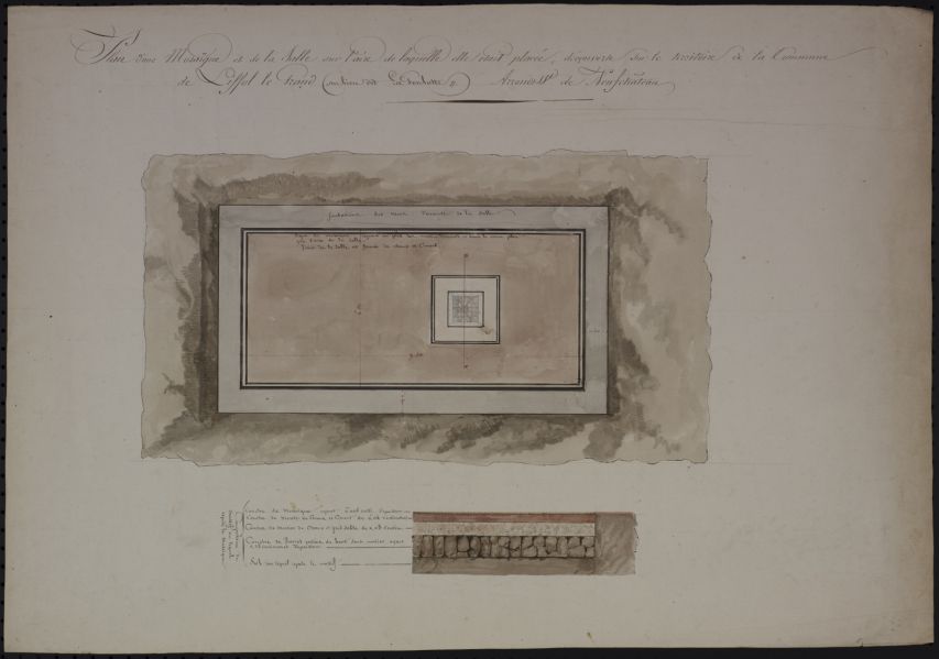 Plan d’une mosaïque et de la salle sur l’aire de laquelle elle était placée, découverte sur le territoire de la commune de Liffol le Grand (Au lieu-dit de la Soulotte) Arrondissement de Neufchâteau