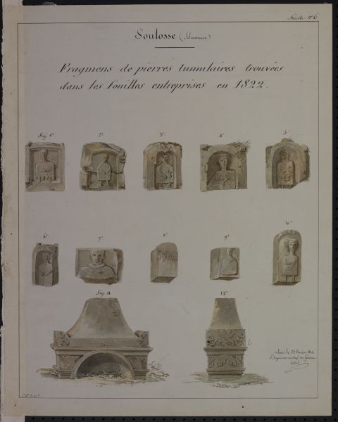 Fragmens de pierres tumulaires trouvés dans les fouilles entreprises en 1822 à Soulosse