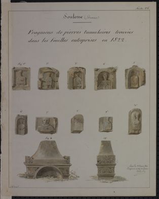 Fragmens de pierres tumulaires trouvés dans les fouilles entreprises en 1822 à Soulosse ; © LAURENCON Joëlle