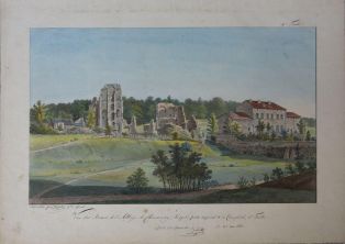 Vue des ruines de l’abbaye de Chaumousey (Vosges) prise du point P du plan général ; © LAURENCON Joëlle