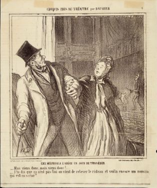 Croquis pris au théâtre par Daumier. Une méprise à l'Odéon un jour de tragédie. ; © MUDAAC Epinal, cliché Joëlle Laurençon